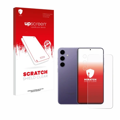 Parte frontal de un envase de producto con el logotipo de la marca upscreen. Al lado se muestra el dispositivo Samsung Galaxy