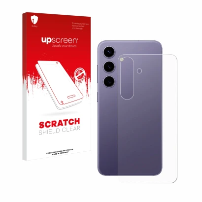 Parte frontal de un envase de producto con el logotipo de la marca upscreen. Al lado se muestra el dispositivo Samsung Galaxy 