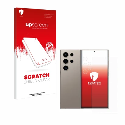 Parte frontal de un envase de producto con el logotipo de la marca upscreen. Al lado se muestra el dispositivo Samsung Galaxy