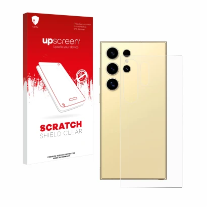 Parte frontal de un envase de producto con el logotipo de la marca upscreen. Al lado se muestra el dispositivo Samsung Galaxy 