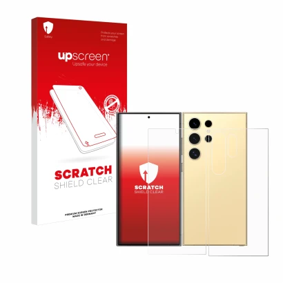 Parte frontal de un envase de producto con el logotipo de la marca upscreen. Al lado se muestra el dispositivo Samsung Galaxy