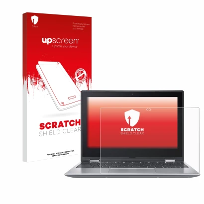 Parte frontal de un envase de producto con el logotipo de la marca upscreen. Al lado se muestra el dispositivo Acer Chromebook