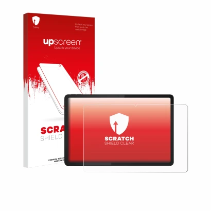 Parte frontal de un envase de producto con el logotipo de la marca upscreen. Al lado se muestra el dispositivo Lenovo Tab M11 