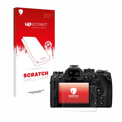 Parte frontal de un envase de producto con el logotipo de la marca upscreen. Al lado se muestra el dispositivo Olympus OM Syst