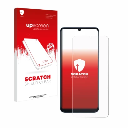 Parte frontal de un envase de producto con el logotipo de la marca upscreen. Al lado se muestra el dispositivo TCL 505 con su 