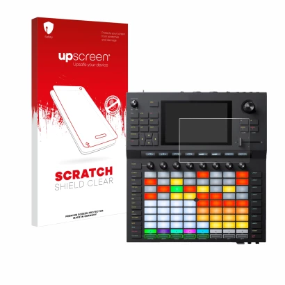 Parte frontal de un envase de producto con el logotipo de la marca upscreen. Al lado se muestra el dispositivo Akai Force con