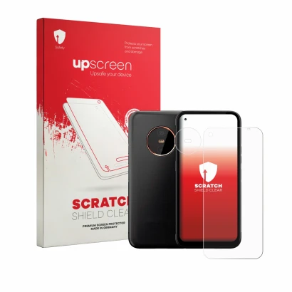 Parte frontal de un envase de producto con el logotipo de la marca upscreen. Al lado se muestra el dispositivo Gigaset GX6 Pro