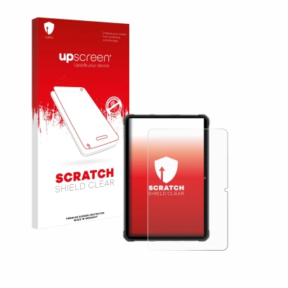Parte frontal de un envase de producto con el logotipo de la marca upscreen. Al lado se muestra el dispositivo Hotwav R7 con s