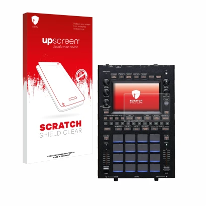 Parte frontal de un envase de producto con el logotipo de la marca upscreen. Al lado se muestra el dispositivo KORG KAOSS Repl