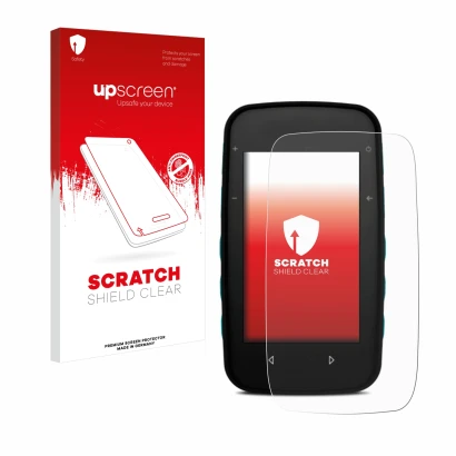 Parte frontal de un envase de producto con el logotipo de la marca upscreen. Al lado se muestra el dispositivo CompeGPS TwoNav