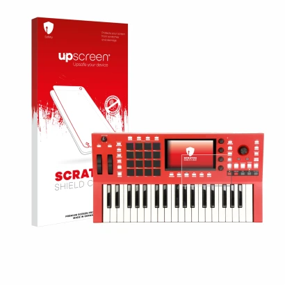 Parte frontal de un envase de producto con el logotipo de la marca upscreen. Al lado se muestra el dispositivo Akai Profession