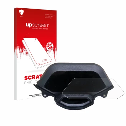 Parte frontal de un envase de producto con el logotipo de la marca upscreen. Al lado se muestra el dispositivo Segway Ninebot