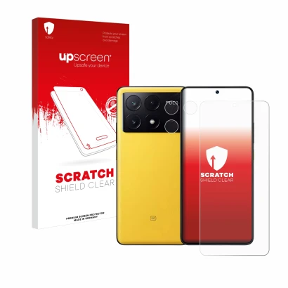 Parte frontal de un envase de producto con el logotipo de la marca upscreen. Al lado se muestra el dispositivo Xiaomi Poco X6