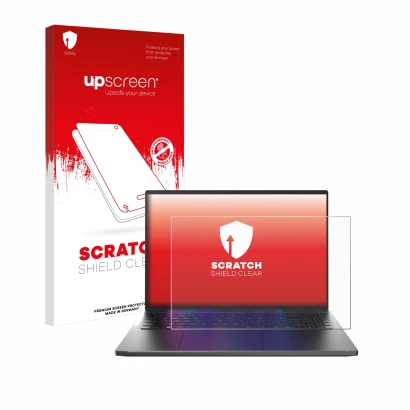 Parte frontal de un envase de producto con el logotipo de la marca upscreen. Al lado se muestra el dispositivo Acer Swift Go 1