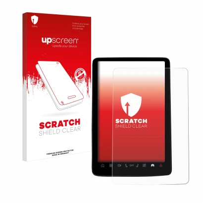 Parte frontal de un envase de producto con el logotipo de la marca upscreen. Al lado se muestra el dispositivo Volvo EX30 12.3