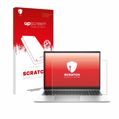 Parte frontal de un envase de producto con el logotipo de la marca upscreen. Al lado se muestra el dispositivo HP EliteBook 86