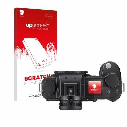 Parte frontal de un envase de producto con el logotipo de la marca upscreen. Al lado se muestra el dispositivo Leica SL3 (pant