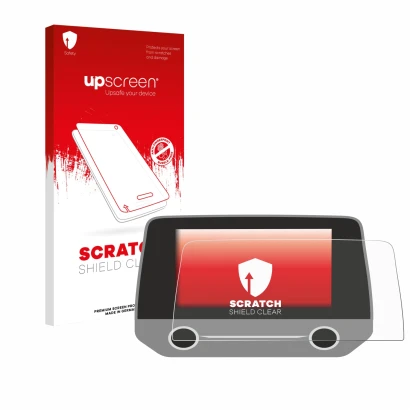 Parte frontal de un envase de producto con el logotipo de la marca upscreen. Al lado se muestra el dispositivo Ford Focus MK4 