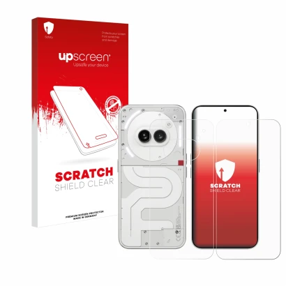 Parte frontal de un envase de producto con el logotipo de la marca upscreen. Al lado se muestra el dispositivo Nothing Phone (
