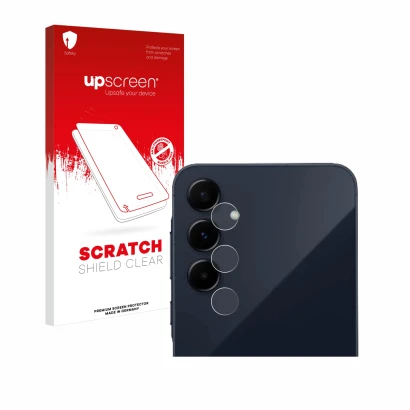 Parte frontal de un envase de producto con el logotipo de la marca upscreen. Al lado se muestra el dispositivo Samsung Galaxy