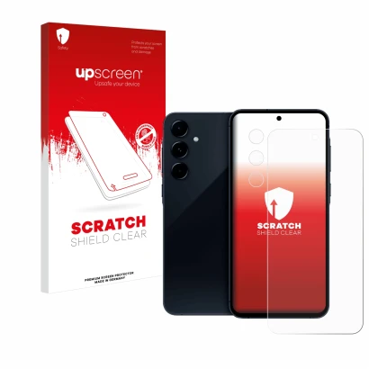 Parte frontal de un envase de producto con el logotipo de la marca upscreen. Al lado se muestra el dispositivo Samsung Galaxy 