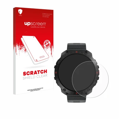Parte frontal de un envase de producto con el logotipo de la marca upscreen. Al lado se muestra el dispositivo Polar Grit X2 P