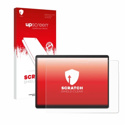 Parte frontal de un envase de producto con el logotipo de la marca upscreen. Al lado se muestra el dispositivo Microsoft Surfa