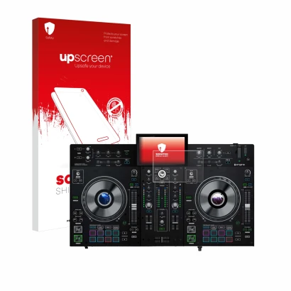 Parte frontal de un envase de producto con el logotipo de la marca upscreen. Al lado se muestra el dispositivo Denon DJ Prime