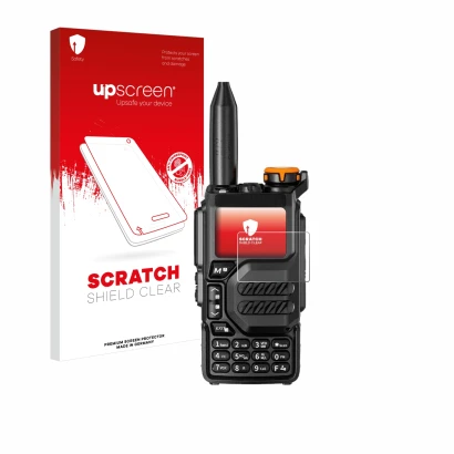 Parte frontal de un envase de producto con el logotipo de la marca upscreen. Al lado se muestra el dispositivo Quansheng UV-K5
