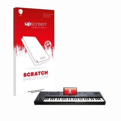 Parte frontal de un envase de producto con el logotipo de la marca upscreen. Al lado se muestra el dispositivo KORG Pa5X con s