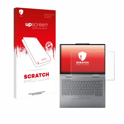 Parte frontal de un envase de producto con el logotipo de la marca upscreen. Al lado se muestra el dispositivo Lenovo ThinkPad