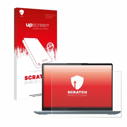 Parte frontal de un envase de producto con el logotipo de la marca upscreen. Al lado se muestra el dispositivo Lenovo IdeaPad 