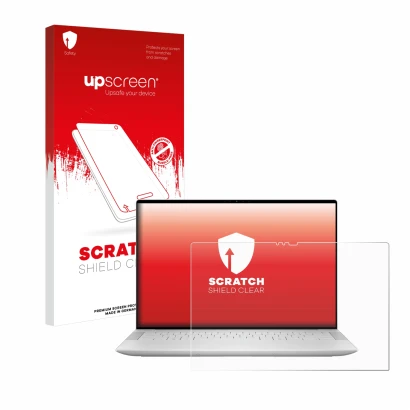 Parte frontal de un envase de producto con el logotipo de la marca upscreen. Al lado se muestra el dispositivo Dell XPS 14 944