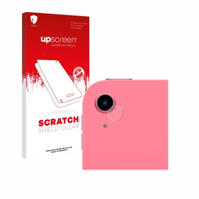 Parte frontal de un envase de producto con el logotipo de la marca upscreen. Al lado se muestra el dispositivo Apple iPad 10.9