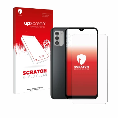 Parte frontal de un envase de producto con el logotipo de la marca upscreen. Al lado se muestra el dispositivo Nokia G42 5G (F
