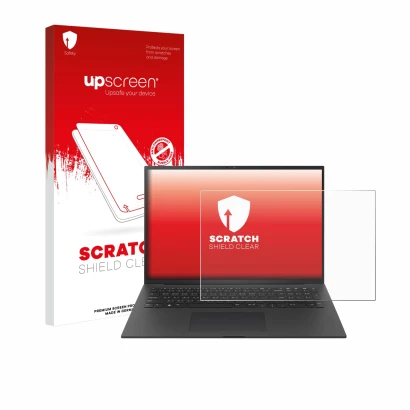 Parte frontal de un envase de producto con el logotipo de la marca upscreen. Al lado se muestra el dispositivo LG gram Pro 17 