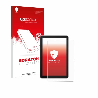 Parte frontal de un envase de producto con el logotipo de la marca upscreen. Al lado se muestra el dispositivo Blackview Tab 7