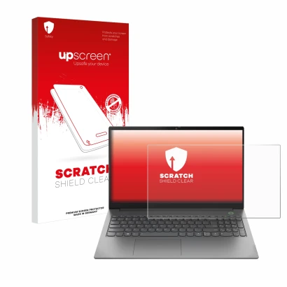 Parte frontal de un envase de producto con el logotipo de la marca upscreen. Al lado se muestra el dispositivo Lenovo ThinkBoo