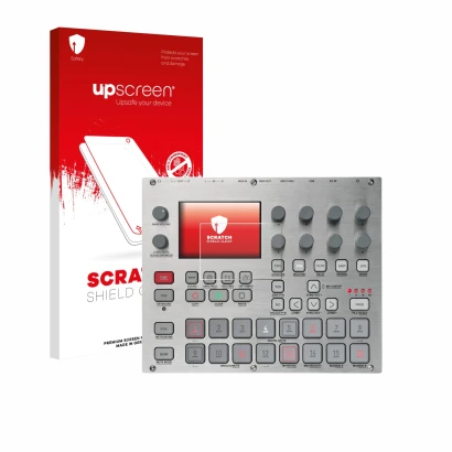 Parte frontal de un envase de producto con el logotipo de la marca upscreen. Al lado se muestra el dispositivo Elektron Syntak