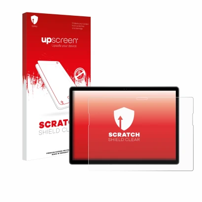 Parte frontal de un envase de producto con el logotipo de la marca upscreen. Al lado se muestra el dispositivo Dell Latitude 7