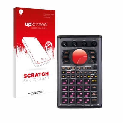 Parte frontal de un envase de producto con el logotipo de la marca upscreen. Al lado se muestra el dispositivo Roland SP-404MK