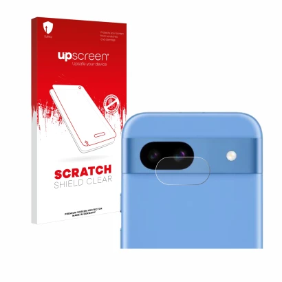 Parte frontal de un envase de producto con el logotipo de la marca upscreen. Al lado se muestra el dispositivo Google Pixel 8a