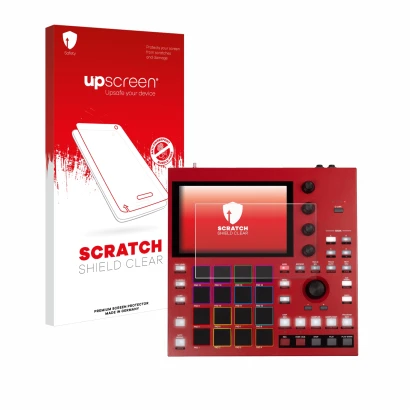 Parte frontal de un envase de producto con el logotipo de la marca upscreen. Al lado se muestra el dispositivo Akai MPC One+ c