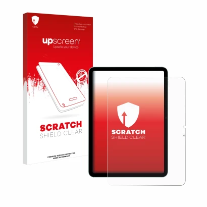 Parte frontal de un envase de producto con el logotipo de la marca upscreen. Al lado se muestra el dispositivo Apple iPad Air 