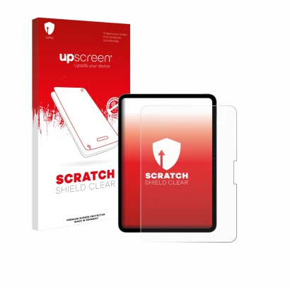 Parte frontal de un envase de producto con el logotipo de la marca upscreen. Al lado se muestra el dispositivo Apple iPad Pro 