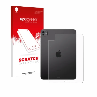 Parte frontal de un envase de producto con el logotipo de la marca upscreen. Al lado se muestra el dispositivo Apple iPad Pro 