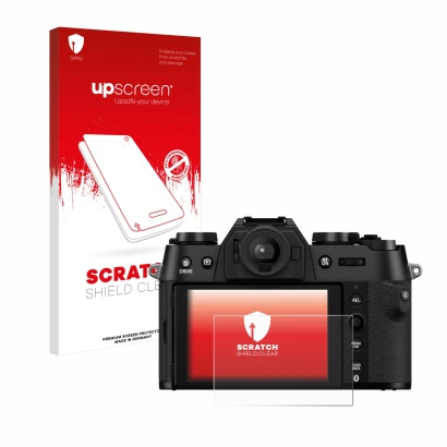 Parte frontal de un envase de producto con el logotipo de la marca upscreen. Al lado se muestra el dispositivo Fujifilm X-T50