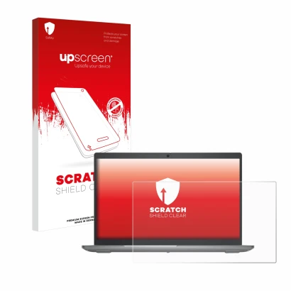Parte frontal de un envase de producto con el logotipo de la marca upscreen. Al lado se muestra el dispositivo Dell Precision