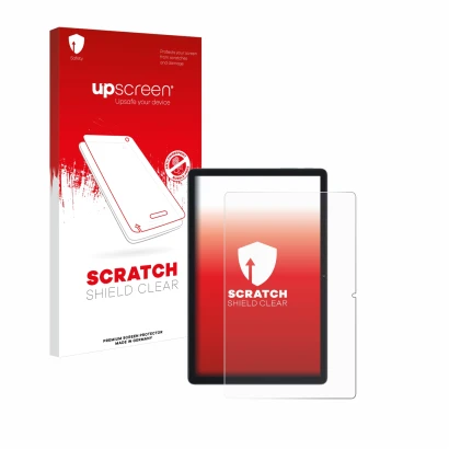 Parte frontal de un envase de producto con el logotipo de la marca upscreen. Al lado se muestra el dispositivo Blackview Tab 8