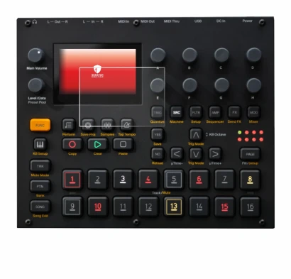 Imagen del dispositivo Elektron Digitakt II con una amplia variedad de protectores de pantalla.